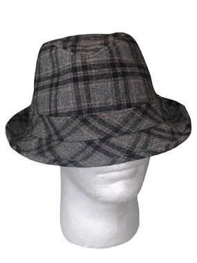 Vintage Wool Blend Collegiate KU Gray Plaid Fedora Hat Size Large/Extra Large